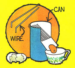 Pieces of wire and a metal can will become an egg strainer with the right modifications.